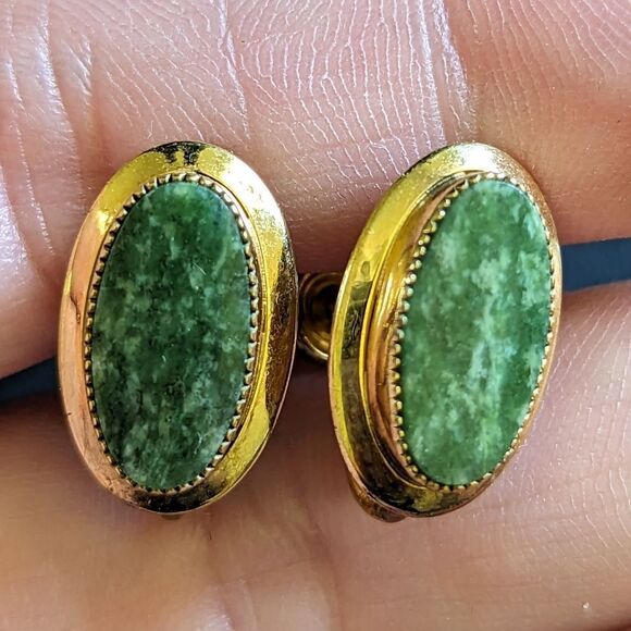 12K Gold Plated Jade Screw Earrings - Picture 1 of 5